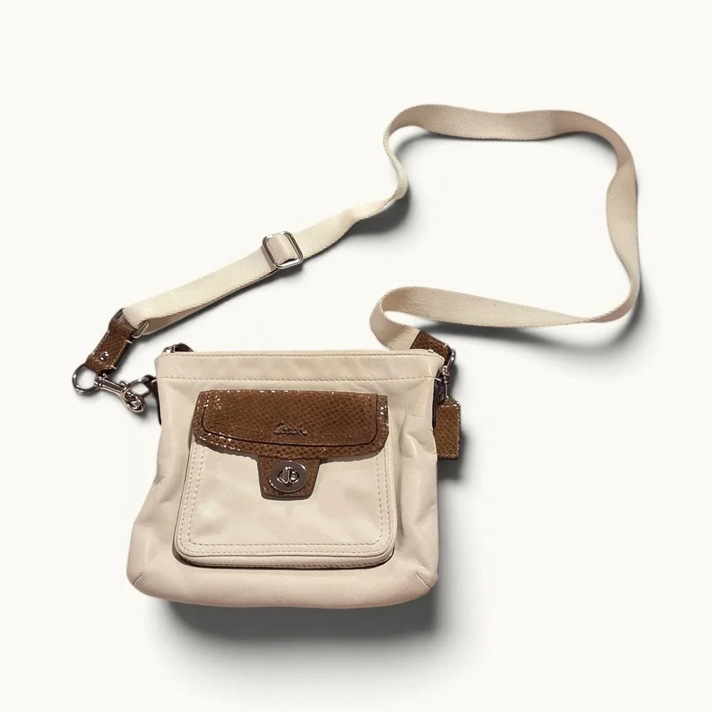 Coach Cream Leather Crossbody Bag Brown Snake‎ Print Turnlock Small Messenger
